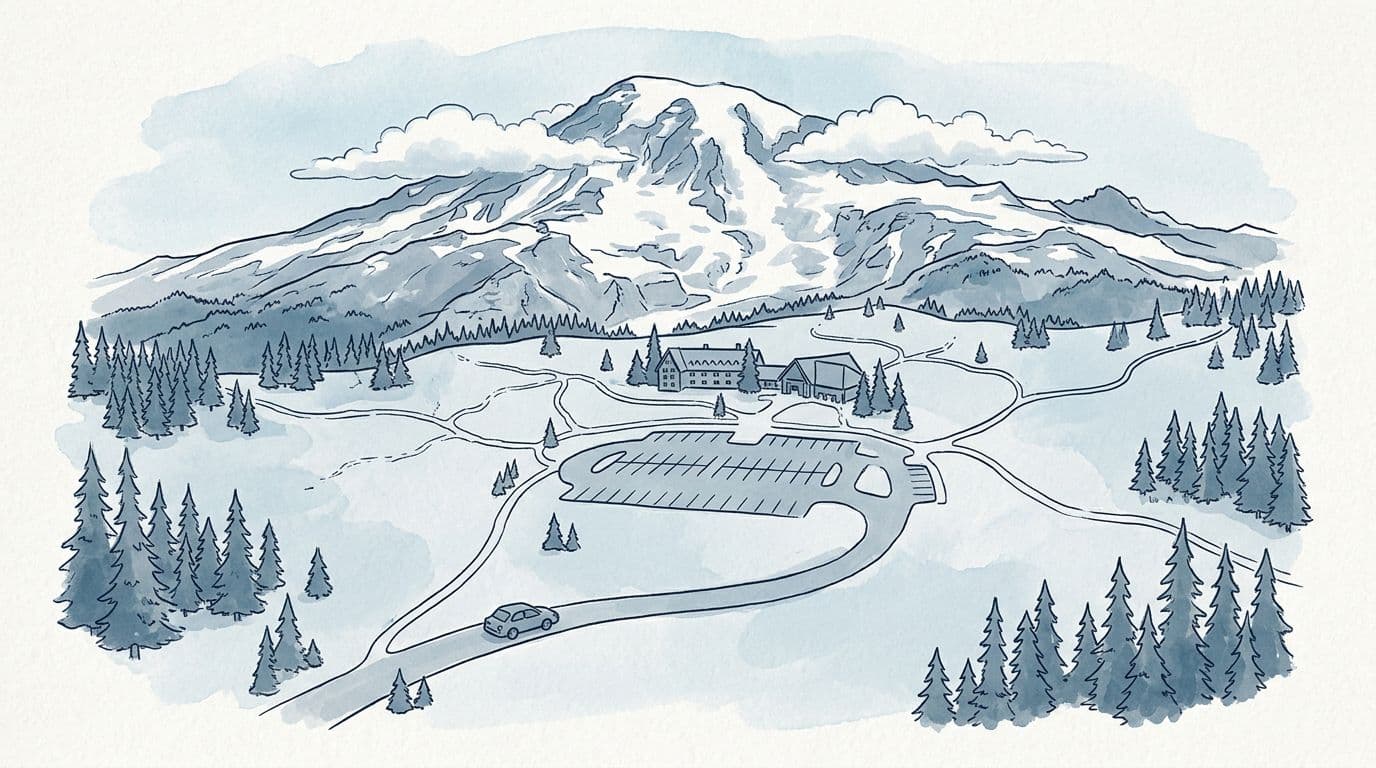 Ilustrasi gambar tangan bergaya dalam warna biru sejuk dan abu-abu batu dengan sapuan cat air dan garis tinta, menggambarkan tempat parkir area Paradise, Paradise Inn, Paradise Visitor Center, jalur pejalan kaki, satu mobil yang tiba, pepohonan hijau, dan latar belakang Gunung Rainier yang megah dari tampilan skematik di atas kepala.