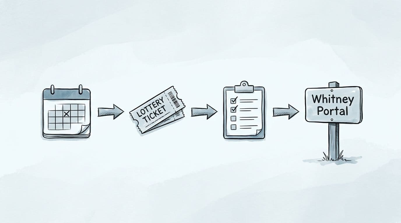 Hand-drawn illustration in sketch and ink with light watercolor wash in cool blues and greys, depicting a simple flowchart of the Mount Whitney permit process with calendar, lottery ticket, checklist, and Whitney Portal trailhead sign connected by arrows, in an outdoor hiking map aesthetic.