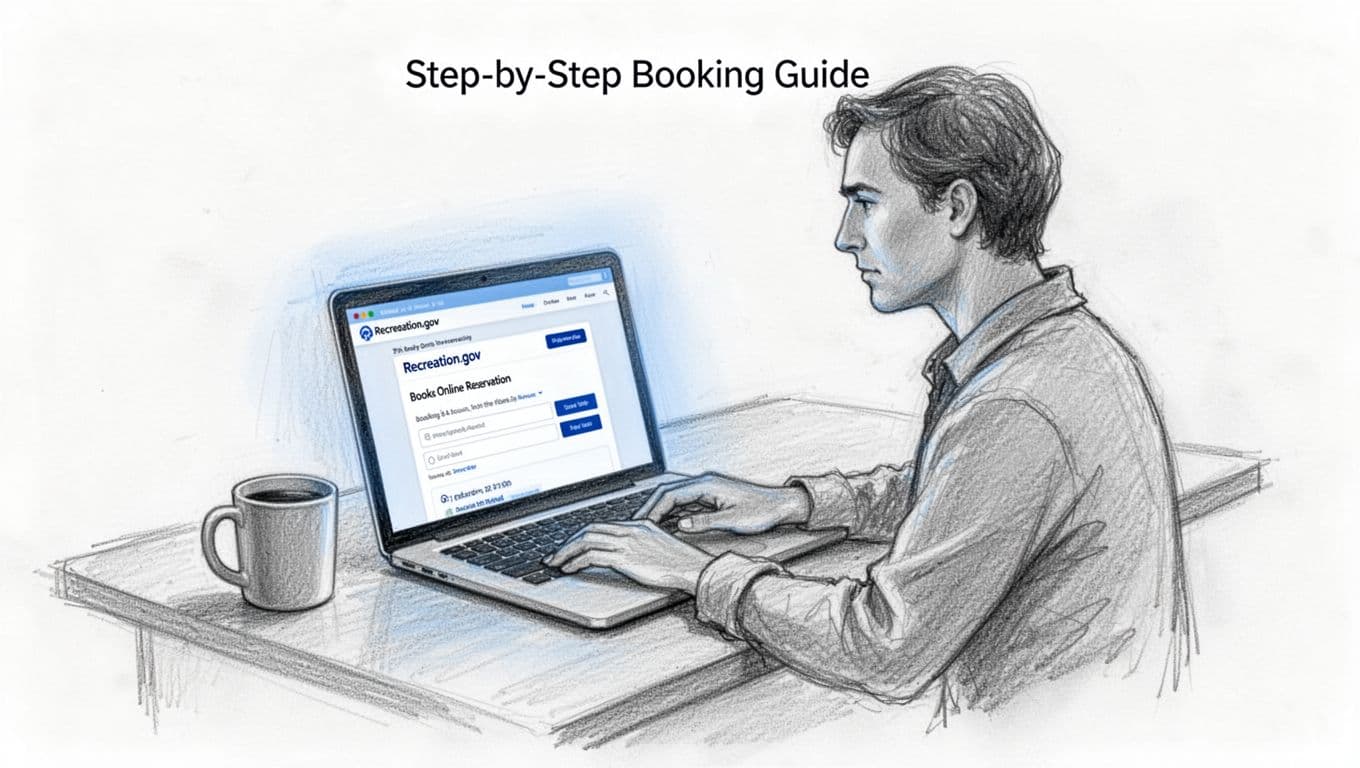 Hand-drawn sketch depicts a person focused at a laptop booking an online reservation on Recreation.gov, with a simple desk setup including a coffee mug nearby.