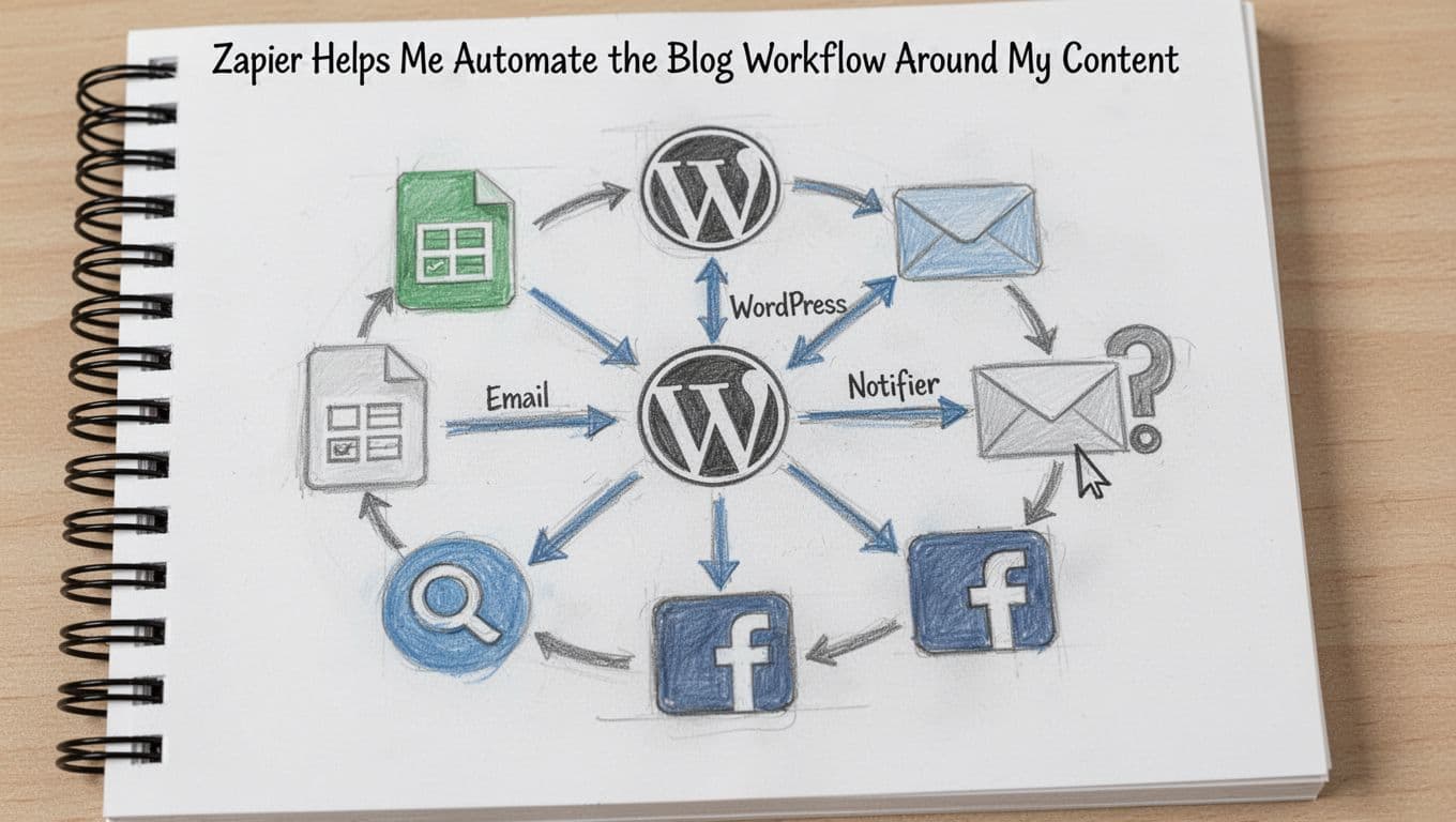 Hand-drawn sketch illustration of interconnected app icons like Google Sheets, WordPress, email notifier, and social media flowing through automation arrows in a simple workflow diagram on a desk notepad. Central composition with graphite linework, light shading in blues, grays, and blacks on white background, accented by #284AA7 on arrows and icons.