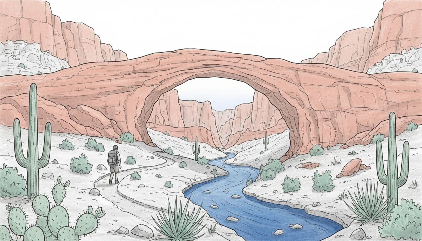Hand-drawn graphite sketch of Hickman Bridge in Capitol Reef, showing red rock arch over trail, river below with blue tones, desert plants, and one hiker.