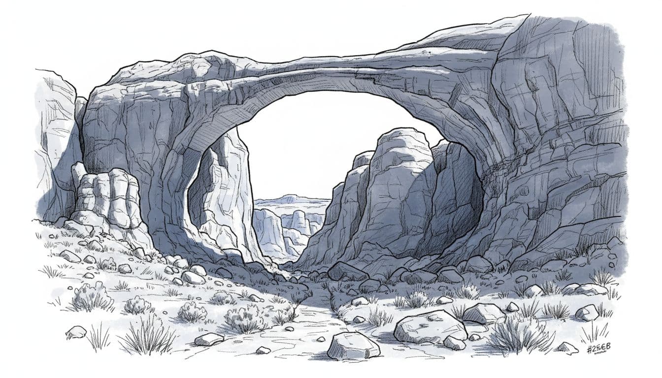 Hand-drawn graphite sketch of Hickman Bridge natural arch in Capitol Reef National Park, viewed from the trail below, featuring massive sandstone spanning a canyon with desert scrub and sunlight filtering through, using blues, grays, and blacks with blue shadow accents on a white background.