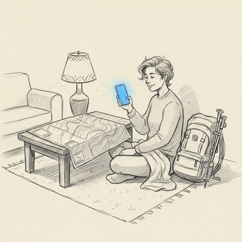 Hand-drawn sketch of a single hiker sitting cross-legged in a cozy home, applying for Wave permit on phone with map and backpack nearby, warm lamp light and subtle blue glow.