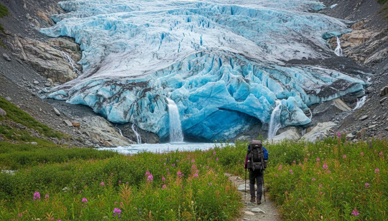 Hiker on dirt trail with boot prints and wildflowers approaches massive blue ice wall of Exit Glacier amid green valley and moraine.
