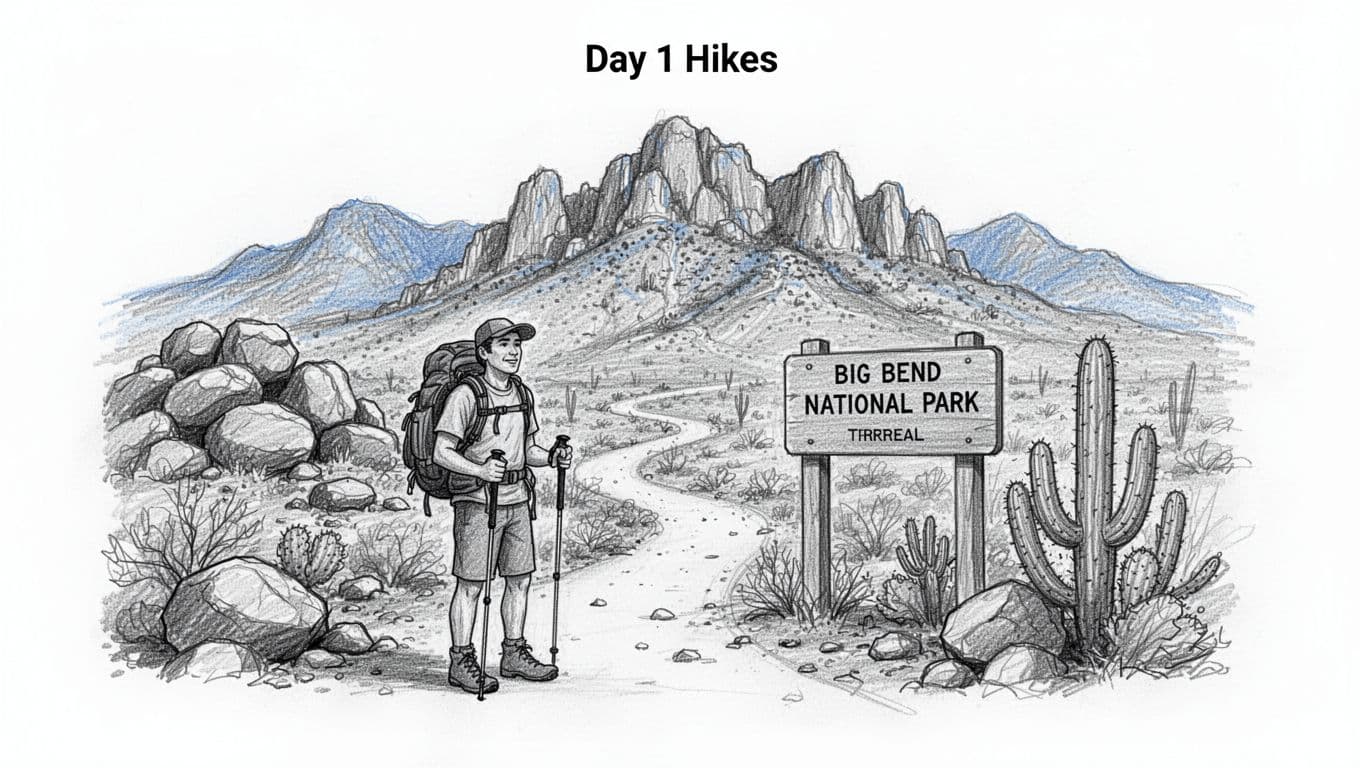 Hand-drawn sketch of a hiker standing relaxed at a desert trailhead in Big Bend National Park, Chisos Mountains in the background, rocky terrain and cacti nearby, graphite linework with light shading.
