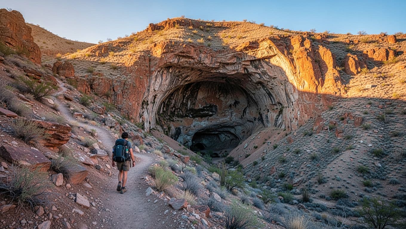 Solitary hiker midway down switchback trail into wide Carlsbad Caverns cave mouth on desert hillside at sunrise.