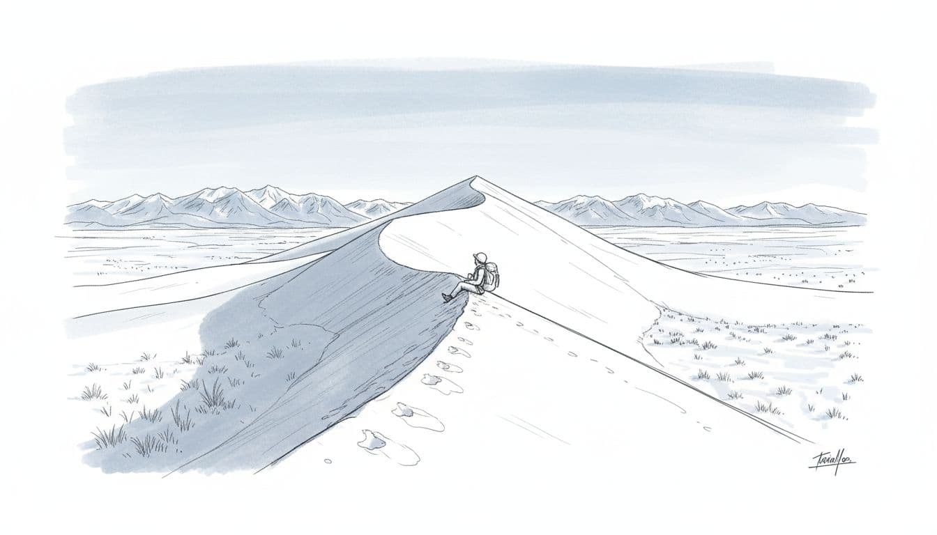 Hand-drawn sketch illustration of towering sand dunes in Great Sand Dunes National Park with a single hiker midway up a dune slope, overlooking vast prairie and distant mountains, emphasizing immense scale.
