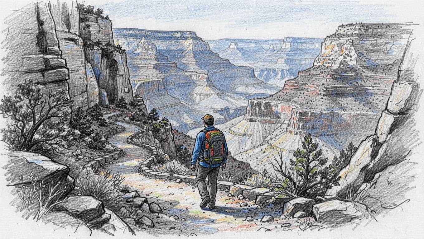 Hand-drawn graphite sketch of a solo hiker with backpack walking down the steep switchbacks of Bright Angel Trail into Grand Canyon South Rim, viewed from behind in dynamic side-angle with blue accents.