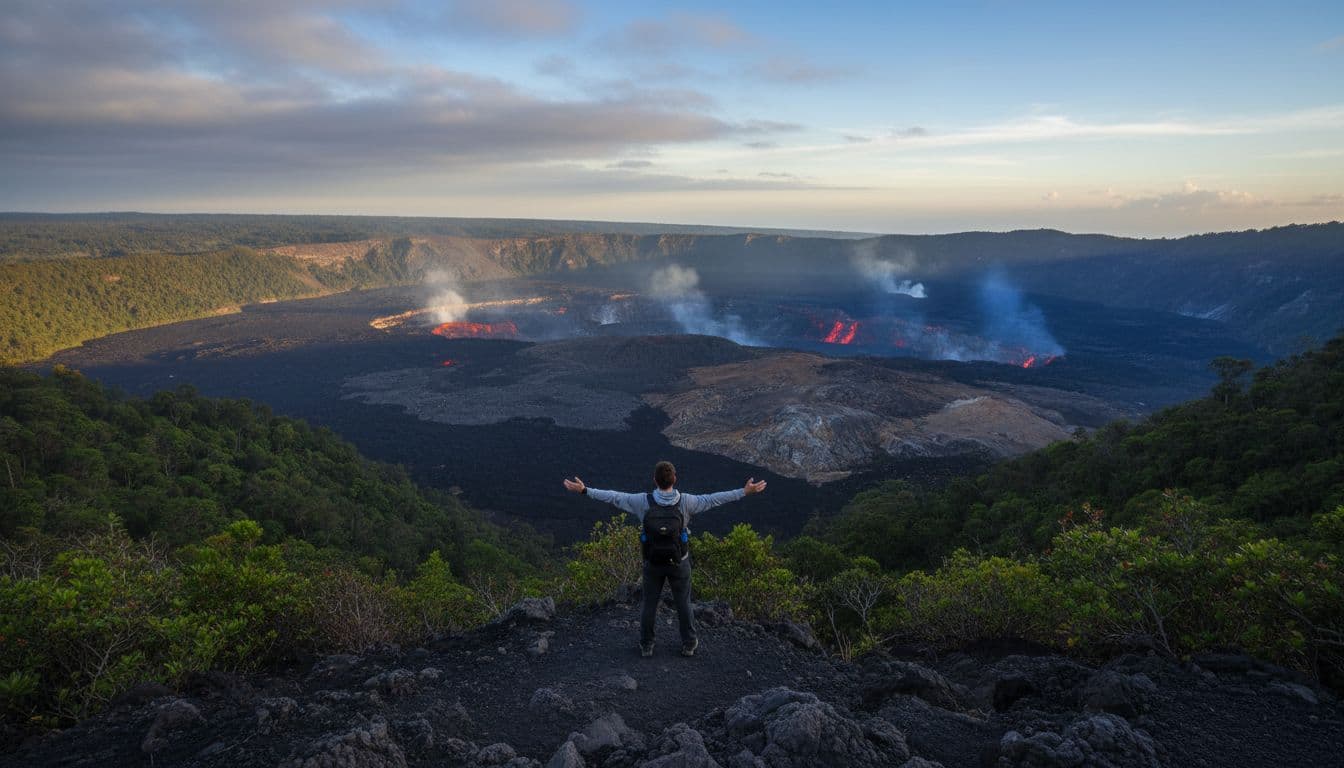 Seorang pendaki berdiri sambil memandangi kaldera Kilauea besar yang mengepul dan dibingkai oleh hutan hujan hijau subur saat fajar.