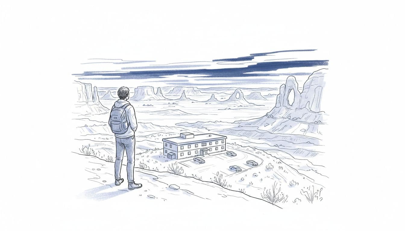 Hand-drawn graphite sketch of a hiker standing on a red dirt trail overlooking Moab valley and distant Arches National Park rock formations, with a simple hotel building and parking lot in the foreground.