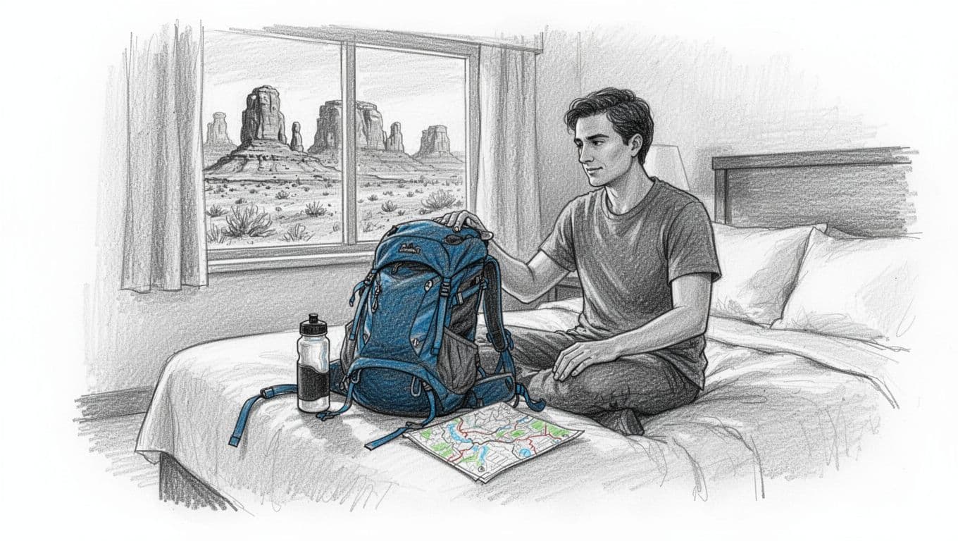 Hand-drawn graphite sketch of a hiker in relaxed pose on a hotel bed packing a backpack with daypack, water bottle, and trail map, featuring a window view of desert mountains in a simple room interior.