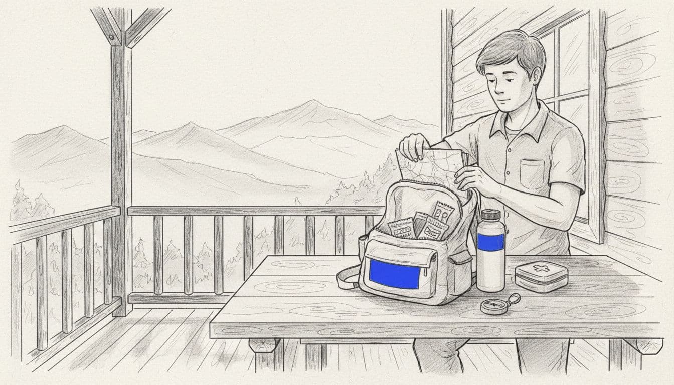 Hand-drawn graphite sketch of a hiker packing a daypack with water bottle, map, and snacks on a wooden table in a cozy cabin porch overlooking misty mountains.