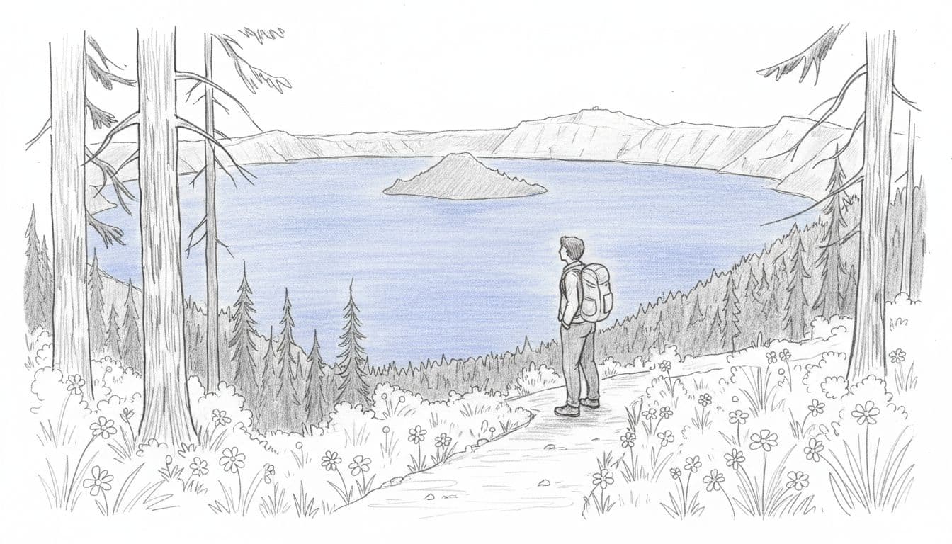 A lone hiker with backpack stands in side profile on a forested path with wildflowers, gazing at Crater Lake from a viewpoint. Hand-drawn graphite sketch with light shading in blues, grays, blacks, and white background accented by blue lake water.