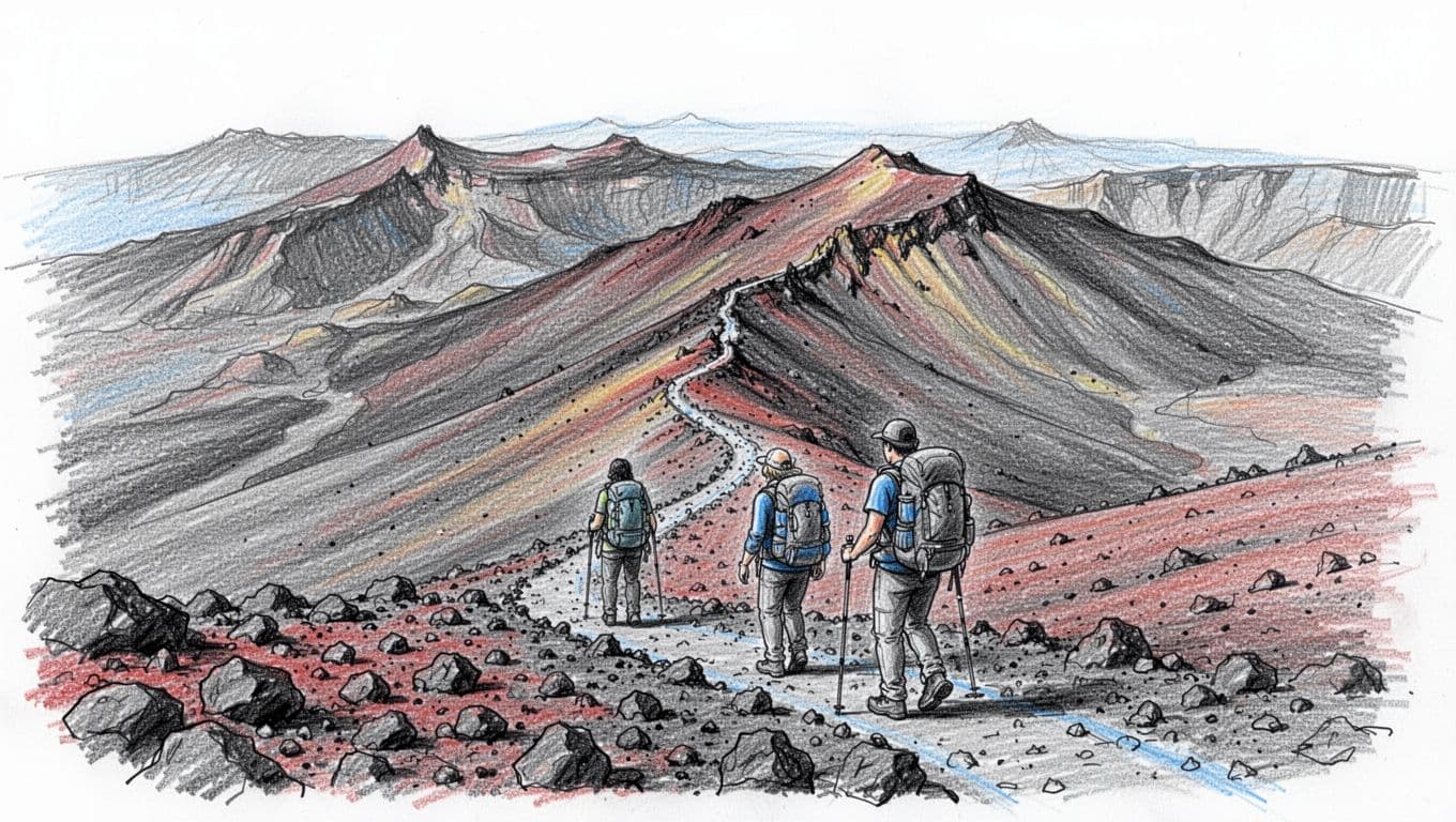 Hand-drawn sketch of two hikers with daypacks descending the steep Sliding Sands Trail into the vast Haleakala crater, featuring a winding cinder cone path through colorful volcanic landscapes, loose rocks in foreground, and distant ridges, emphasizing scale with graphite shading.