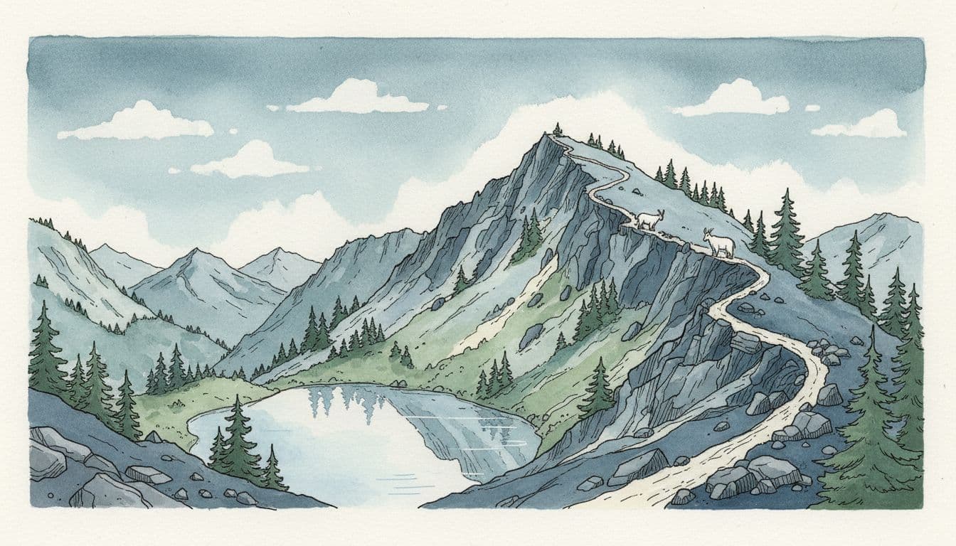 Hand-drawn illustration depicting a Pacific Northwest mountain lake viewpoint like Hurricane Ridge Seven Lakes Basin, with ridge line, switchback trail, subalpine firs, reflective sky in small lake, and two stylized mountain goats. Features cool blues and greys, watercolor wash, fine ink lines, and moody serene atmosphere.