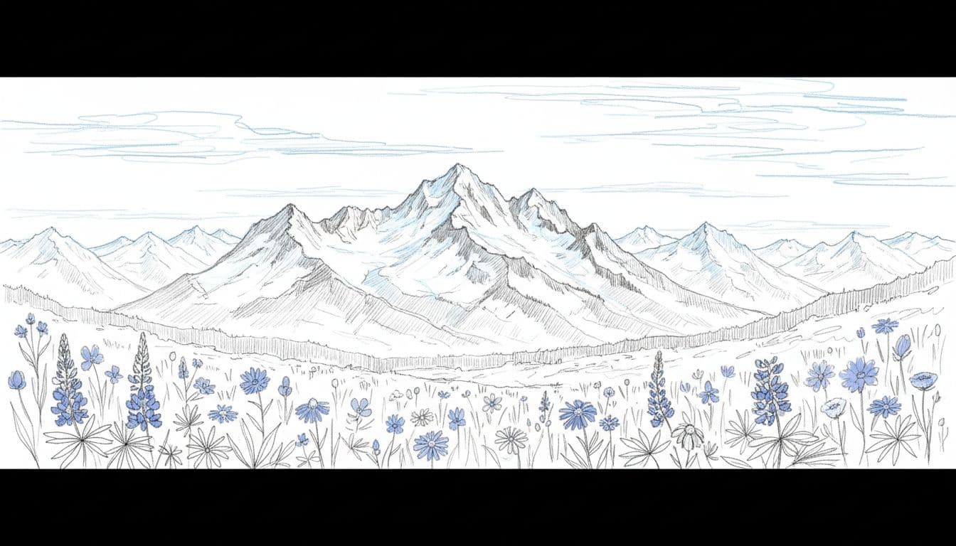 Hand-drawn graphite sketch of panoramic Hurricane Ridge in Olympic Mountains, featuring snow-capped peaks, foreground wildflowers, clear skies with distant clouds, emphasizing vast landscape.