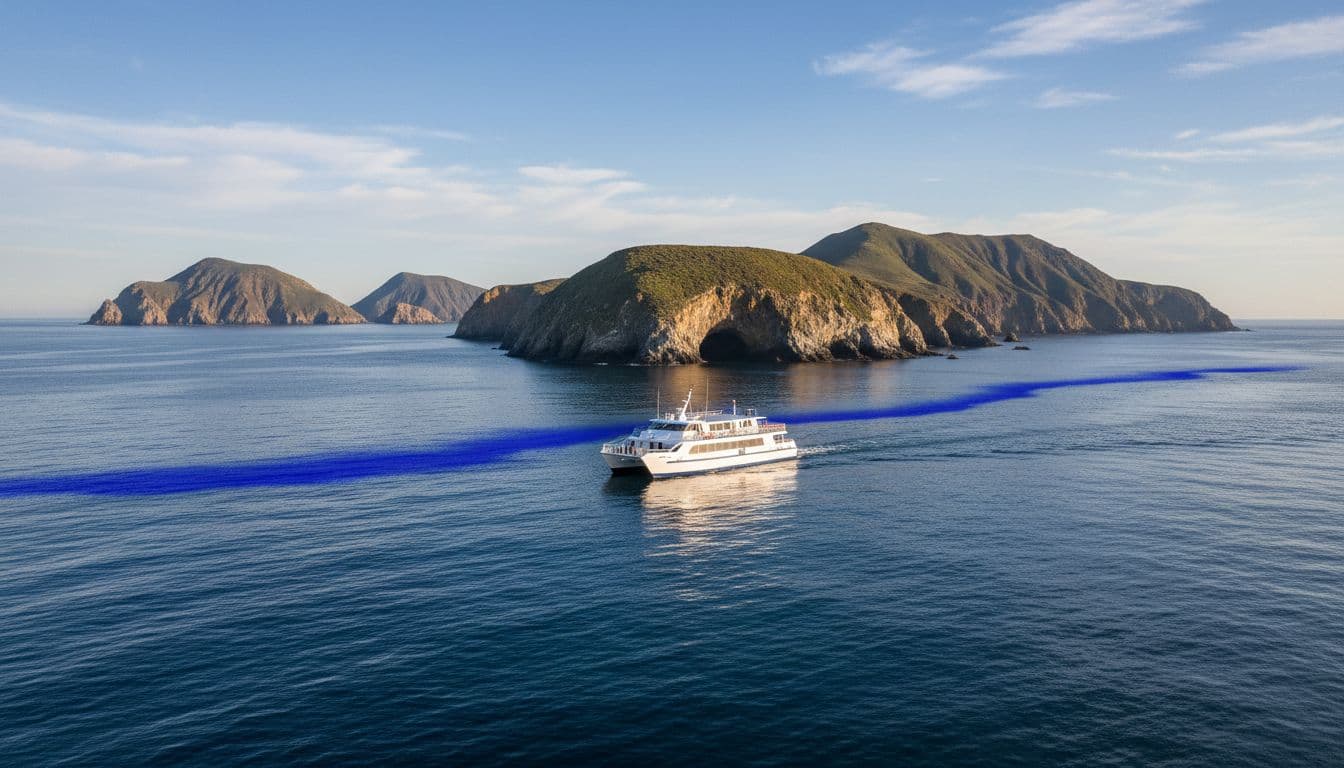 Island Packers ferry approaching Santa Cruz Island with Channel Islands backdrop over calm Pacific Ocean, realistic style emphasizing landscape majesty and natural water highlights.