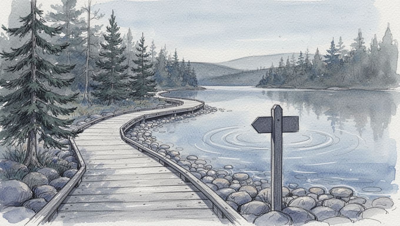 Hand-drawn illustration in cool blues and soft greys featuring the Jordan Pond boardwalk winding along a cobble shoreline, with spruce and fir trees, lake ripples, and a simple wayfinding signpost silhouette. Emphasizes wood plank and stone textures in a calm, serene atmosphere with watercolor wash, ink linework, and subtle paper texture.