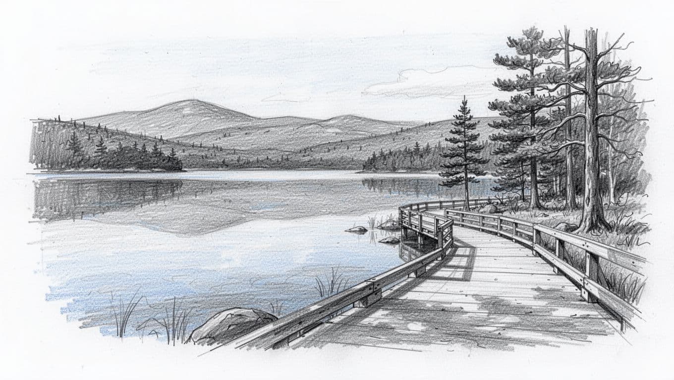 Hand-drawn graphite sketch of the Jordan Pond loop trail in Acadia National Park, showing a calm pond with Bubbles mountains in the backdrop, boardwalk path along the shore, and pine trees. Features light shading in blues and grays on a white background, serene composition with no people or text.