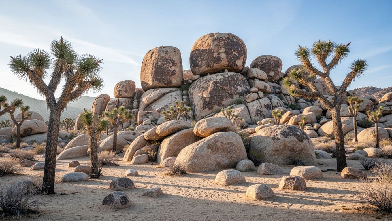 Tampilan jarak dekat dari formasi batuan besar yang seimbang di Lembah Tersembunyi Taman Nasional Joshua Tree, dibingkai oleh pohon Joshua yang bengkok dengan cahaya pagi yang lembut dan bayangan panjang di tanah berpasir.