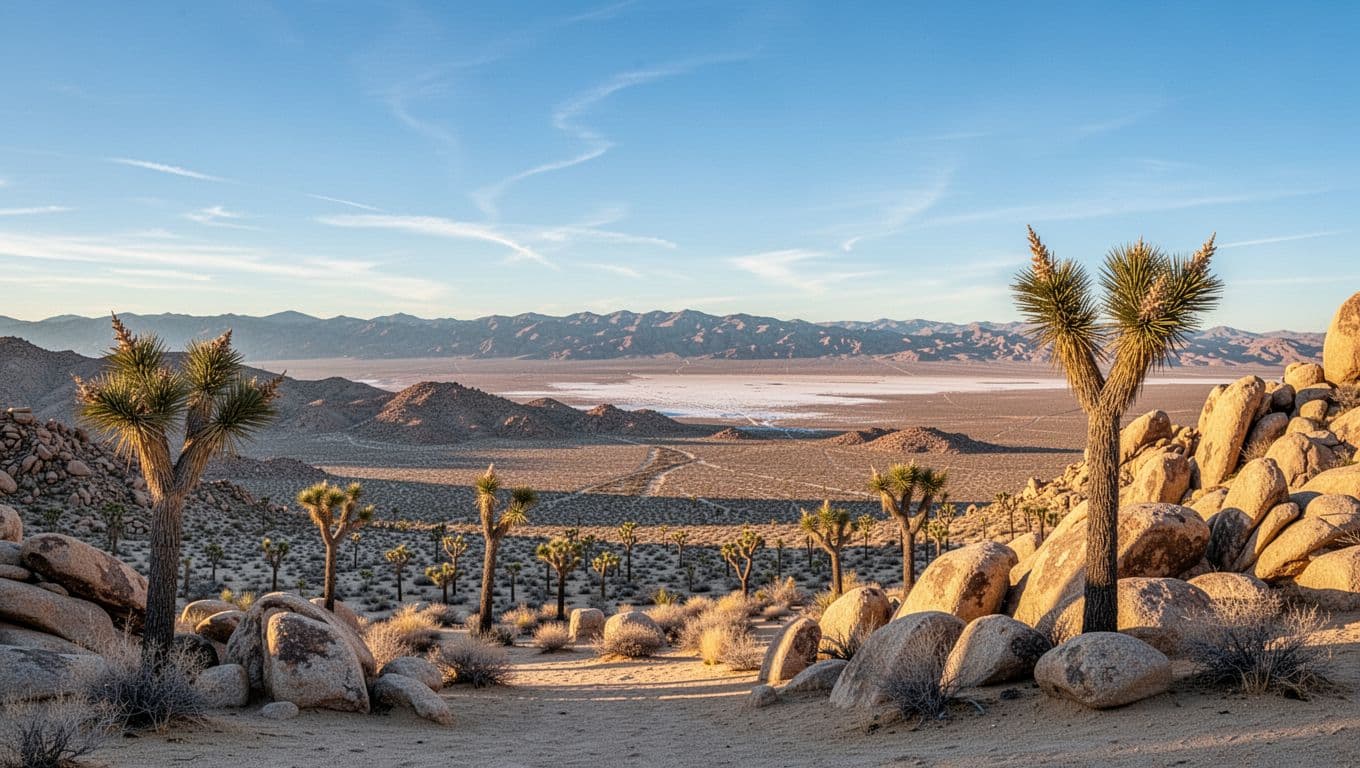 Pemandangan indah di Keys View di Taman Nasional Joshua Tree dengan lembah gurun luas di bawahnya yang menampilkan Lembah Coachella dan Laut Salton, pepohonan dan bebatuan Joshua di latar depan, langit biru cerah, dan cahaya sore keemasan.