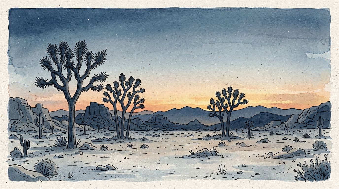 Ilustrasi Taman Nasional Joshua Tree yang digambar tangan pada jam emas, dengan siluet pohon Joshua yang ikonik di latar depan langit senja yang gradasi dalam warna biru dan abu-abu yang sejuk, dengan aksen cahaya matahari terbenam yang lembut dan hangat, formasi bebatuan di kejauhan, dan latar depan gurun yang luas dalam gaya cat air jurnal perjalanan modern.