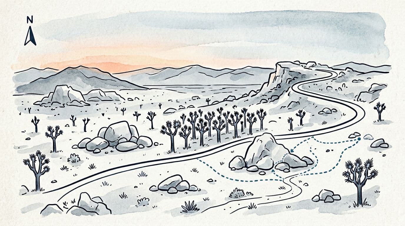 Ilustrasi gambar tangan dengan warna biru sejuk dan abu-abu dengan aksen matahari terbenam, menggambarkan sketsa sederhana seperti peta dari rute satu hari di Taman Nasional Joshua Tree, menampilkan batu-batu besar, pohon Joshua, tikungan jalan, panah kompas, dan garis jalan setapak tanpa teks atau label.