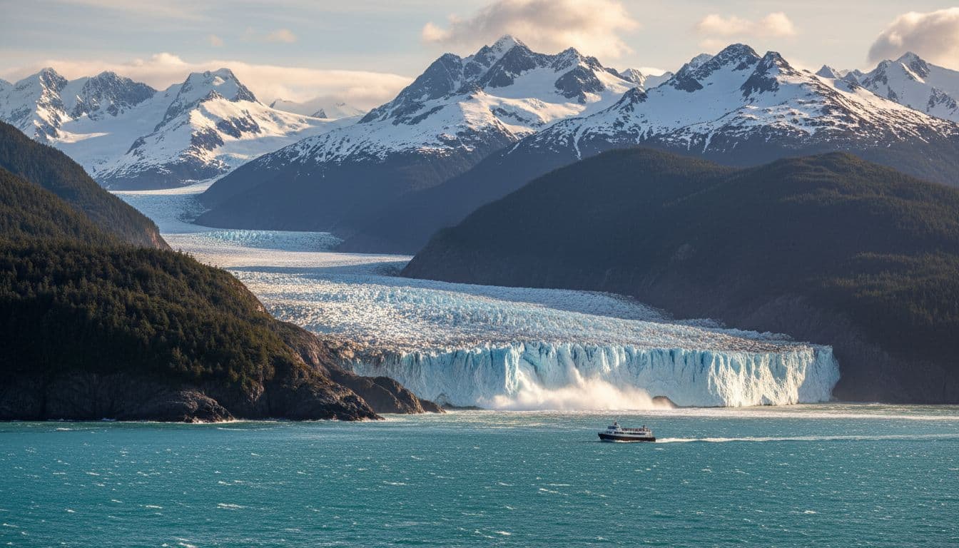 Tidewater glaciers calve into choppy sea amid snow-capped mountains and forested shores.