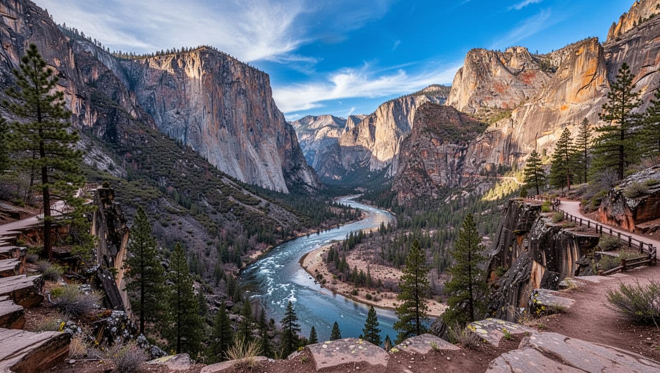 Dramatic wide-angle view from an overlook of Kings Canyon's deep granite cliffs, rushing river below, evergreen trees lining the edges, and a winding trail along the rim, highlighted by sunlight in vibrant natural colors.