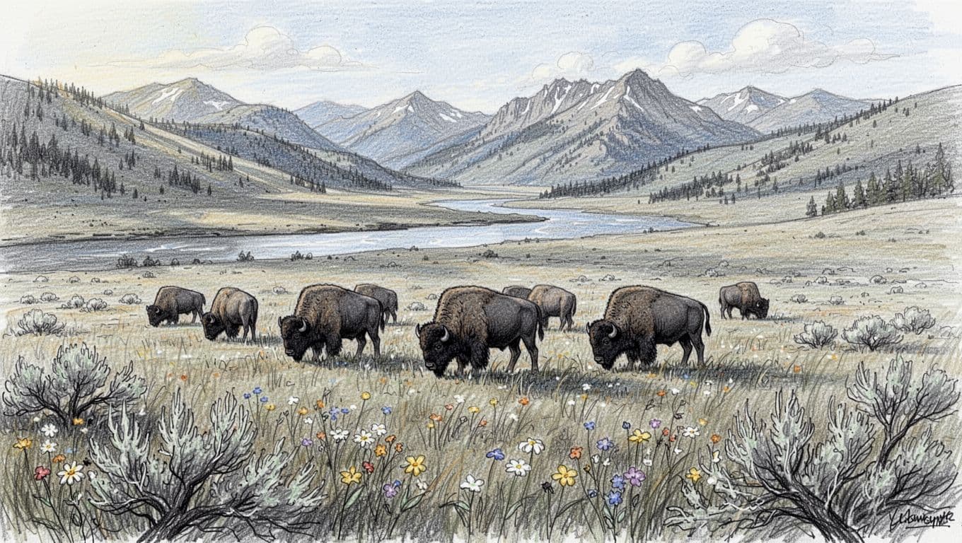 Hand-drawn graphite sketch of bison herd grazing in Lamar Valley, Yellowstone, with wide grassy valley, distant mountains, river, wildflowers, and sagebrush in panoramic composition.