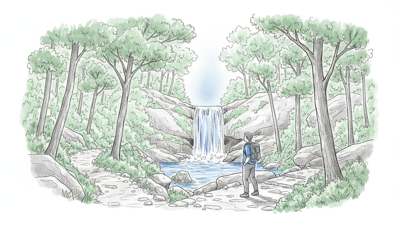 Hand-drawn graphite sketch of serene Laurel Falls waterfall cascading over rocks in lush green forest, with one relaxed hiker on the trail viewing misty spray.