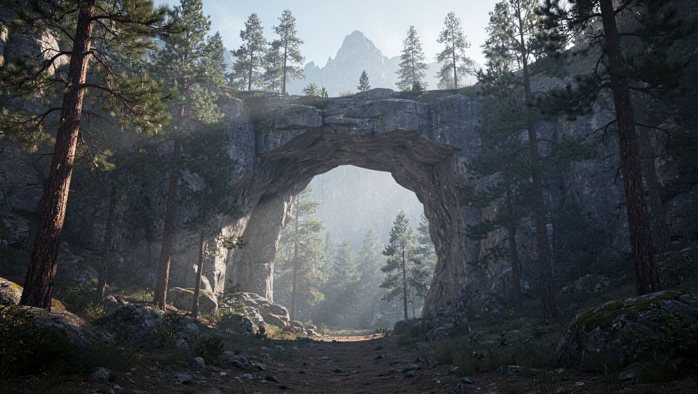 Pintu masuk lengkungan batu alam ke Gua Lehman dikelilingi oleh hutan pinus dan pegunungan, dengan cahaya pagi yang lembut menyaring pepohonan, menekankan ketenangan dan keindahan alam.