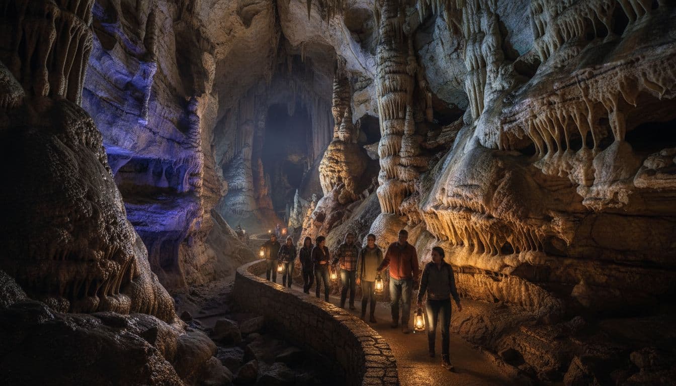 A group of 10 people follows a ranger through the dim stone passage of Mammoth Cave's Historic Entrance, lit by lantern light with subtle blue glow on damp rock walls, evoking majestic underground adventure.