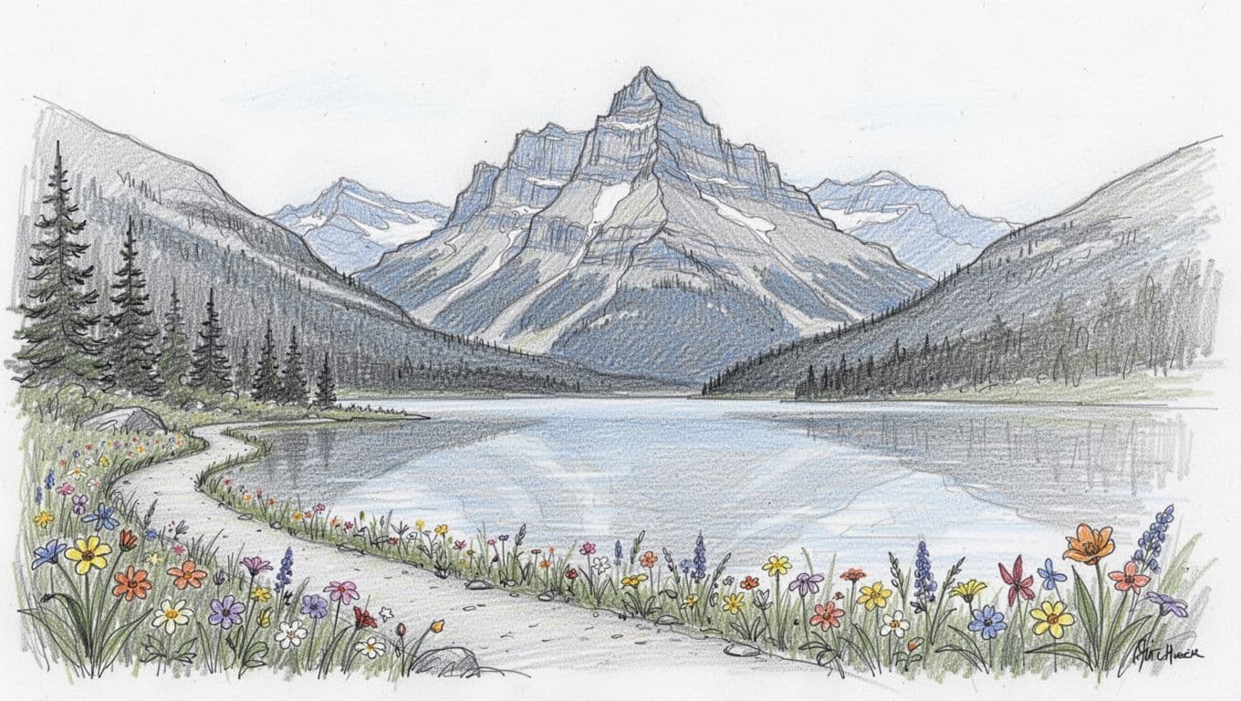 Hand-drawn graphite sketch of the Many Glacier area featuring Swiftcurrent Lake in the foreground and Bearhat Mountain backdrop, with a calm lakeshore path lined with wildflowers. Light shading in blues and grays on a white background emphasizes the peaceful landscape composition.