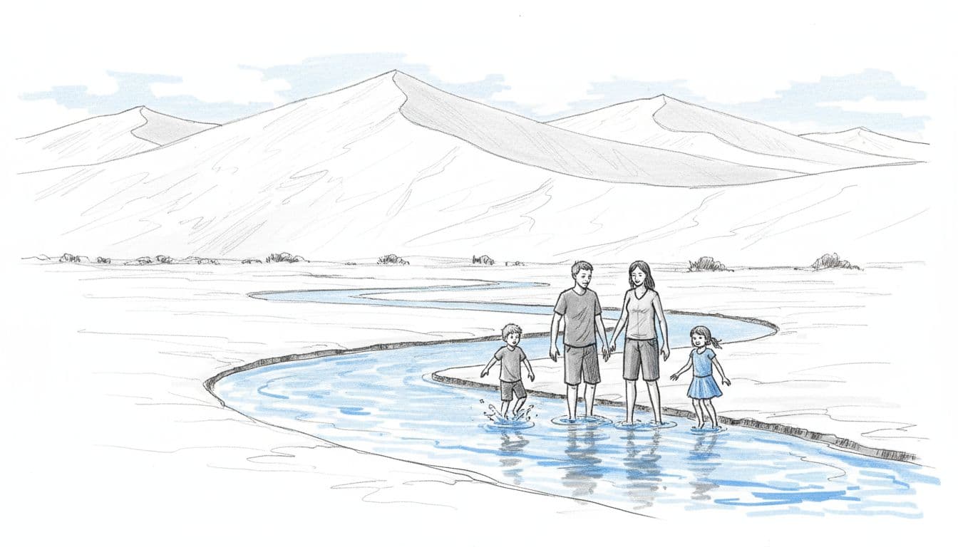 Hand-drawn graphite sketch of shallow Medano Creek flowing gently at the base of Great Sand Dunes, with two adults wading ankle-deep and kids playing nearby under summer sunlight.