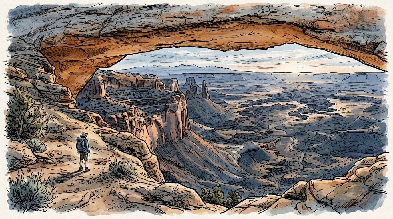 Hand-drawn ink and watercolor illustration of Mesa Arch in Canyonlands Island in the Sky at sunrise, framing distant layered canyons, dramatic mesas, buttes with long shadows, and a tiny hiker on the arch trail for scale.