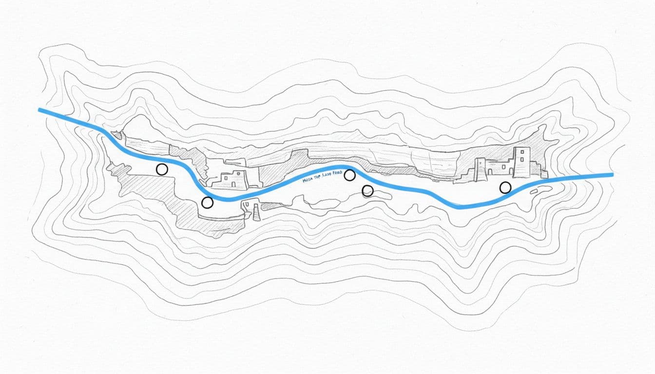 Hand-drawn sketch of Mesa Verde park map overview featuring mesa loop drive, marked cliff dwellings stops, simple topo lines for canyons, in clean illustrative style with graphite lines, light shading, and blue roads on white background.