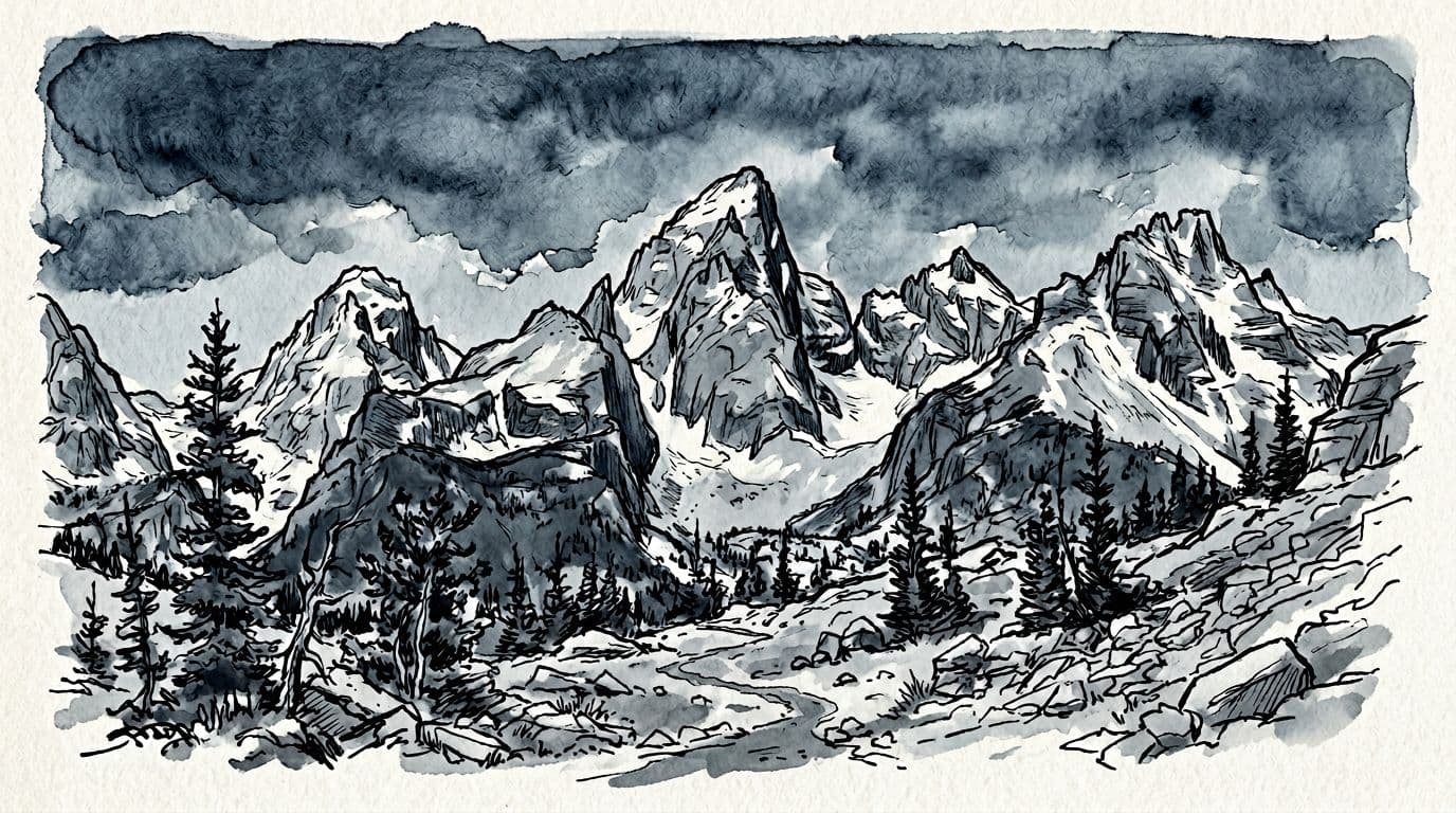 Ilustrasi gambar tangan minimalis yang berani dari cakrawala Cathedral Group Teton dengan puncak granit bergerigi dalam naungan abu-abu sejuk di bawah langit biru yang murung. Latar depan menampilkan pohon cemara subalpine, talus, dan jejak samar dalam palet biru-abu-abu sejuk yang terbatas.