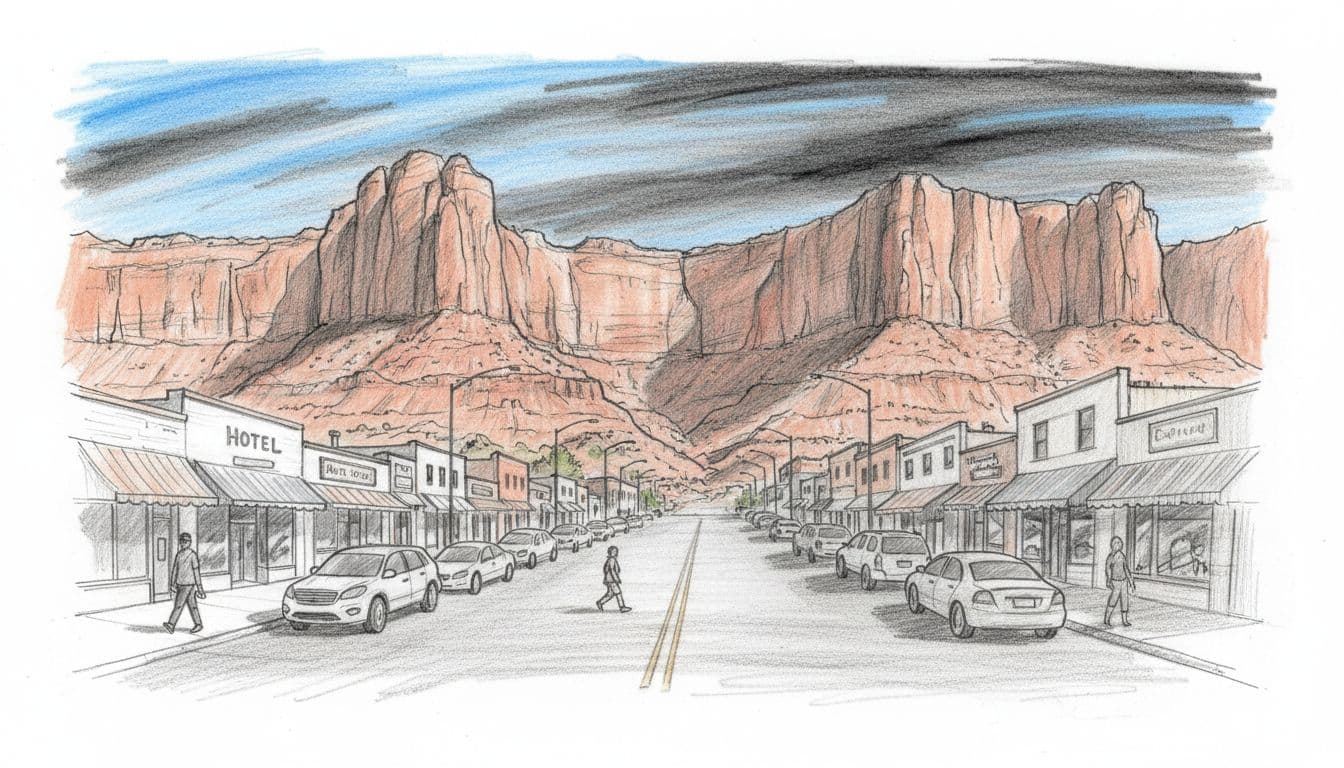 Graphite sketch of downtown Moab, Utah, featuring small hotels, shops, restaurants along the street with red rock cliffs near Arches National Park entrance in the background. Central composition includes parked cars, two relaxed pedestrians, light shading, and blue sky accents on a clean white background.