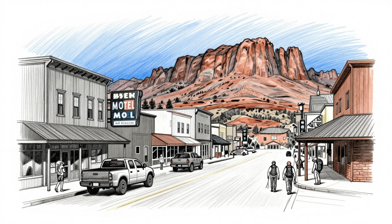 Hand-drawn graphite sketch of Moab, Utah's main street at dusk, showing a glowing cozy motel sign, red rock cliffs in the background, parked pickup truck, and two relaxed pedestrians with hiking gear amid shops and diners.