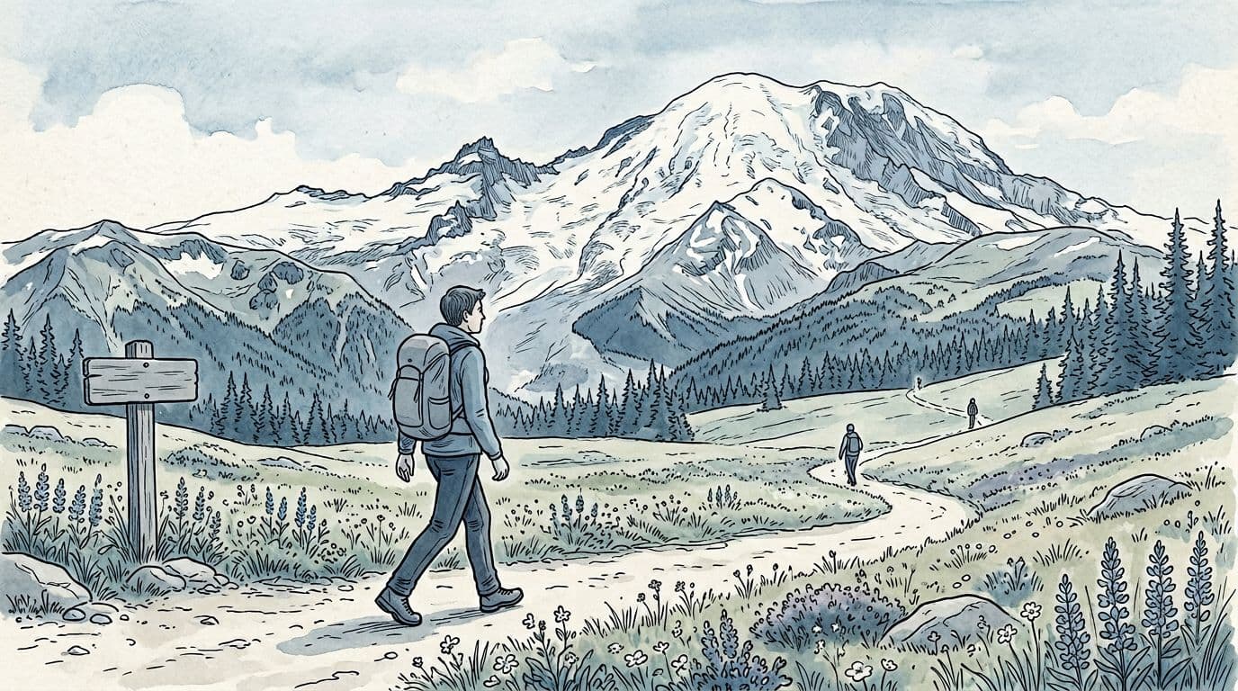 Ilustrasi yang digambar tangan dalam warna biru dingin dan abu-abu dengan sapuan cat air dan garis tinta, menggambarkan seorang pendaki di jalur lebar melalui padang rumput bunga liar dan puncak Gunung Rainier yang megah di kejauhan dengan gaya Pacific Northwest.