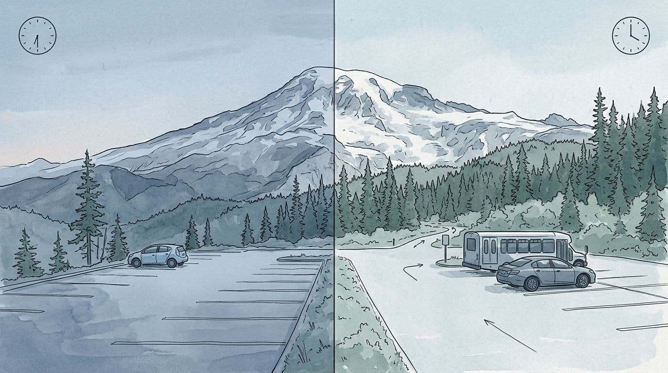 Ilustrasi yang digambar tangan dalam warna biru sejuk dan abu-abu dengan sapuan cat air dan garis tinta, menggambarkan pemandangan terpisah di tempat parkir Gunung Rainier: sisi kiri menunjukkan kedatangan pagi hari dengan satu mobil di tempat kosong, sisi kanan menunjukkan luapan di kemudian hari dengan beberapa mobil dan konsep antar-jemput, ikon jam halus di seluruh bagiannya.