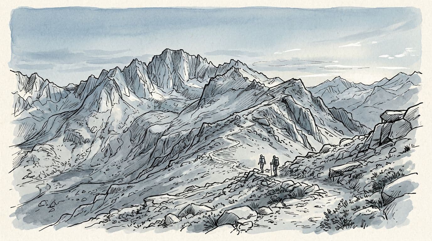 Hand-drawn illustration in sketch and ink with light watercolor wash in cool blues and greys, featuring Mount Whitney silhouette, winding trail up alpine ridgeline, and two distant hiker figures against a calm dawn sky. Wide landscape composition from below with clean negative space and hiking map aesthetic.