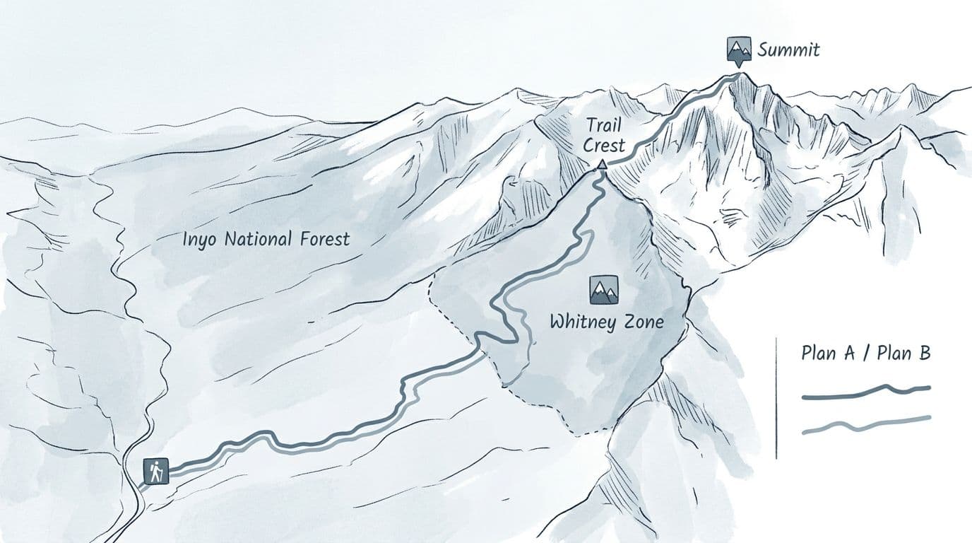Hand-drawn illustration-style hiking map of Mount Whitney area in cool blues and greys, featuring Inyo National Forest, Whitney Zone, Trail Crest, Summit, and sidebar with Plan A and Plan B routes.