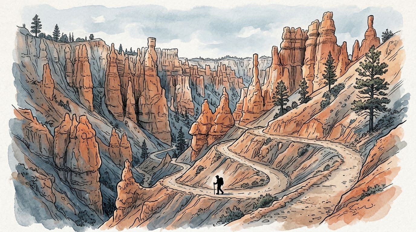 Hand-drawn illustration of switchbacks on Navajo Loop and Queen's Garden trails descending among tall hoodoos, with a winding dirt path, scattered pines, cool blue-grey palette, and one silhouetted hiker for scale.