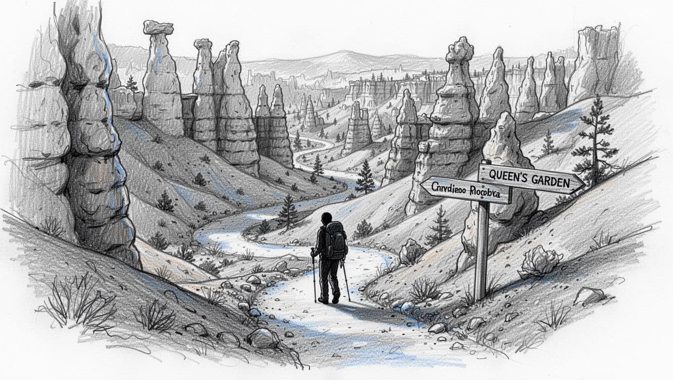 Hand-drawn graphite sketch of Navajo Loop Trail's steep switchbacks descending to hoodoos in Bryce Canyon, showing Queen's Garden junction and a single relaxed hiker silhouette with blue accents on the path.
