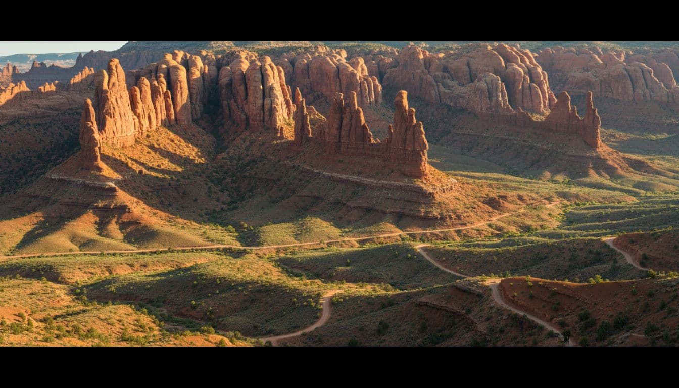 Menara batu merah yang menjulang tinggi dan jarum mendominasi lanskap di distrik The Needles di Taman Nasional Canyonlands, dengan lembah hijau subur, jalan berkelok-kelok, dan seorang pejalan kaki di kejauhan terlihat di bawah sinar matahari yang hangat.