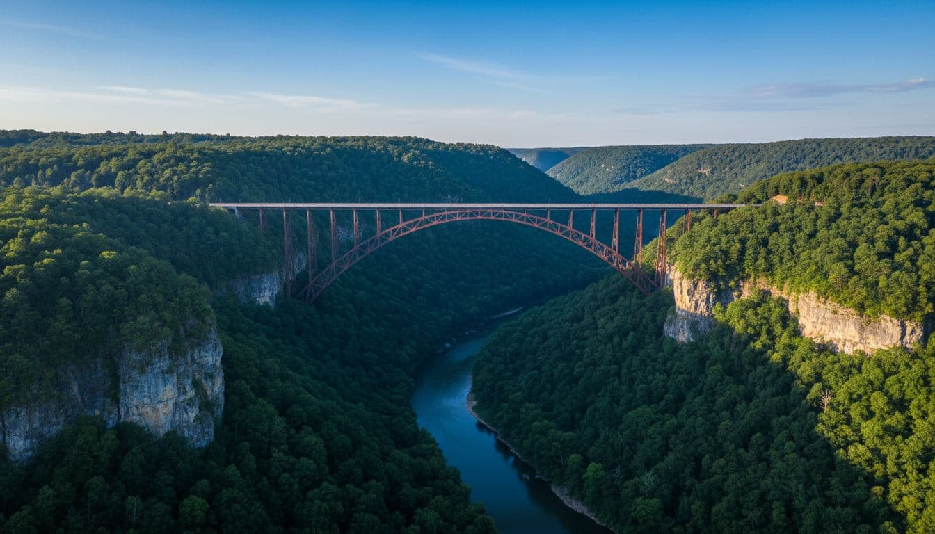 Pemandangan udara Jembatan New River Gorge yang membentang di ngarai hijau tua dengan tepi hutan dan sungai berkelok-kelok di bawah sinar matahari pagi.