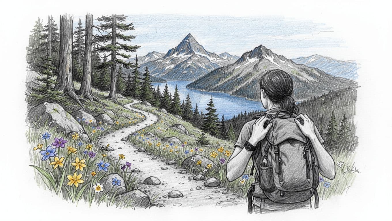 Hand-drawn graphite sketch of the easy alpine Thunder Knob Trail in North Cascades National Park, showing switchbacks through forest to panoramic views of Diablo Lake and Pyramid Peak, with wildflowers, rocks, and one relaxed hiker from behind.