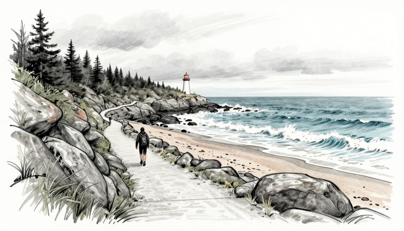 Hand-drawn graphite sketch of Ocean Path trail in Acadia National Park showing coastal cliffs, crashing waves on sandy beach, distant lighthouse, one hiker on paved path, overcast sky, foreground rocks, light shading on white background.